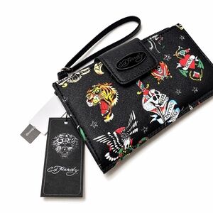 NWT Ed Hardy Y2K Tattoo Print Wallet Wristlet Card Case Zip Skull Tiger Black